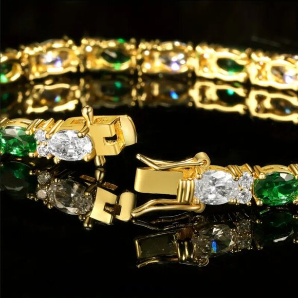 14K Gold Womens 2ct Green Emerald Oval Gemstone Diamond Tennis Bracelet 7" inch - Picture 8 of 9